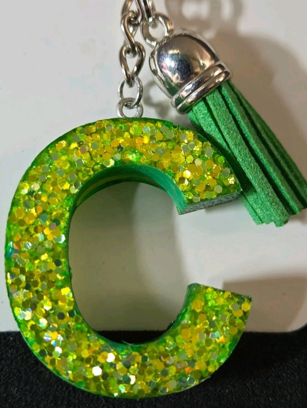 Green Glitter Letter C Resin Keychain with Tassel